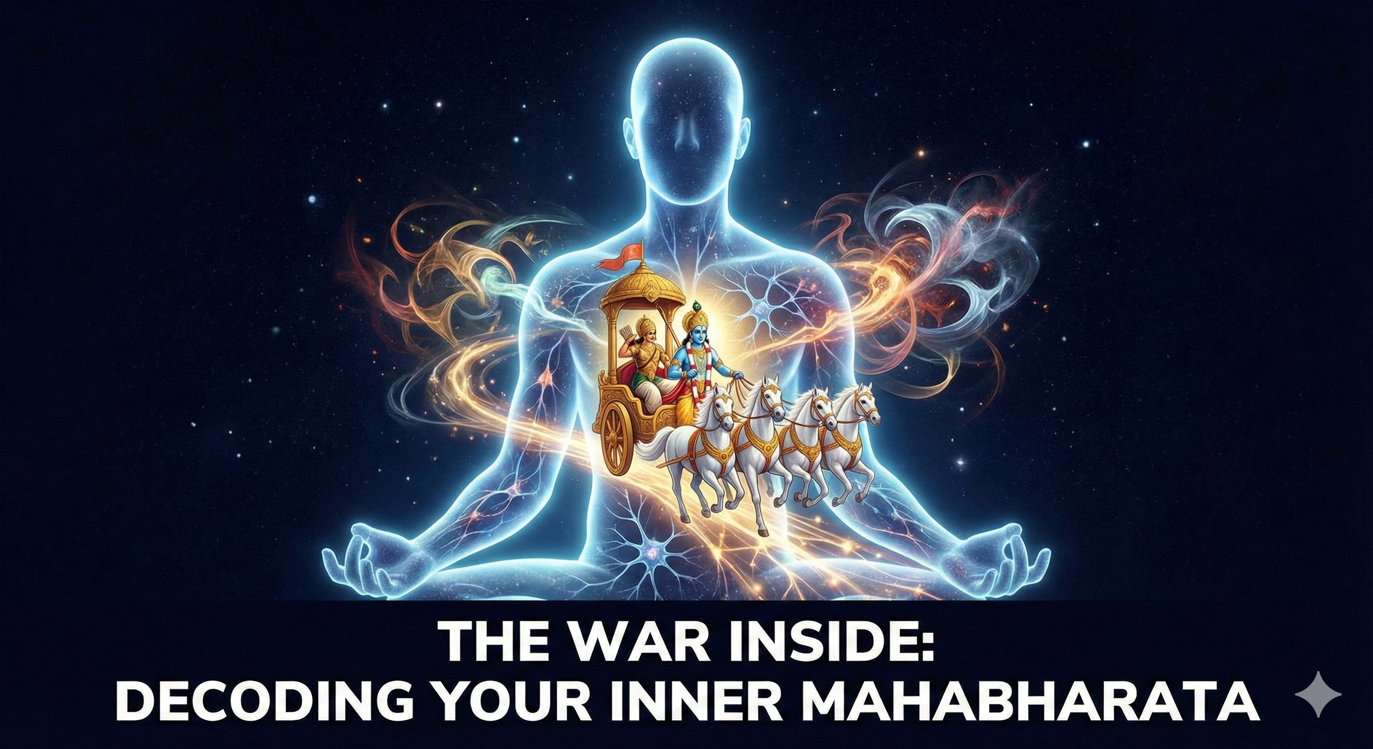 Digital art illustrating the spiritual meaning of Mahabharata, showing a golden chariot driven by Krishna inside a glowing human silhouette, representing the internal war of the mind