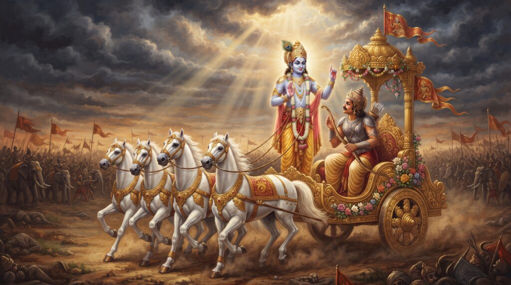 Krishna guiding Arjuna on a chariot at Kurukshetra, symbolizing inner leadership, Dharma, and Krishna archetypes