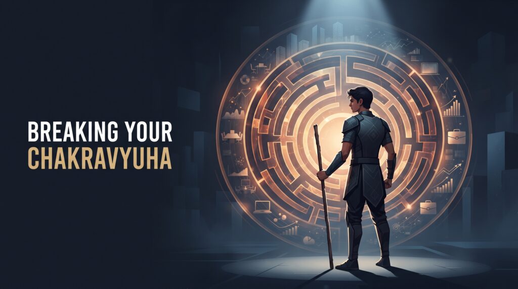 Chakravyuha leadership lessons illustrated as a young warrior facing a glowing circular maze symbolising corporate pressure